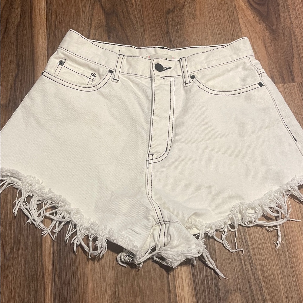 BDG White Denim Shorts with Frayed Hem